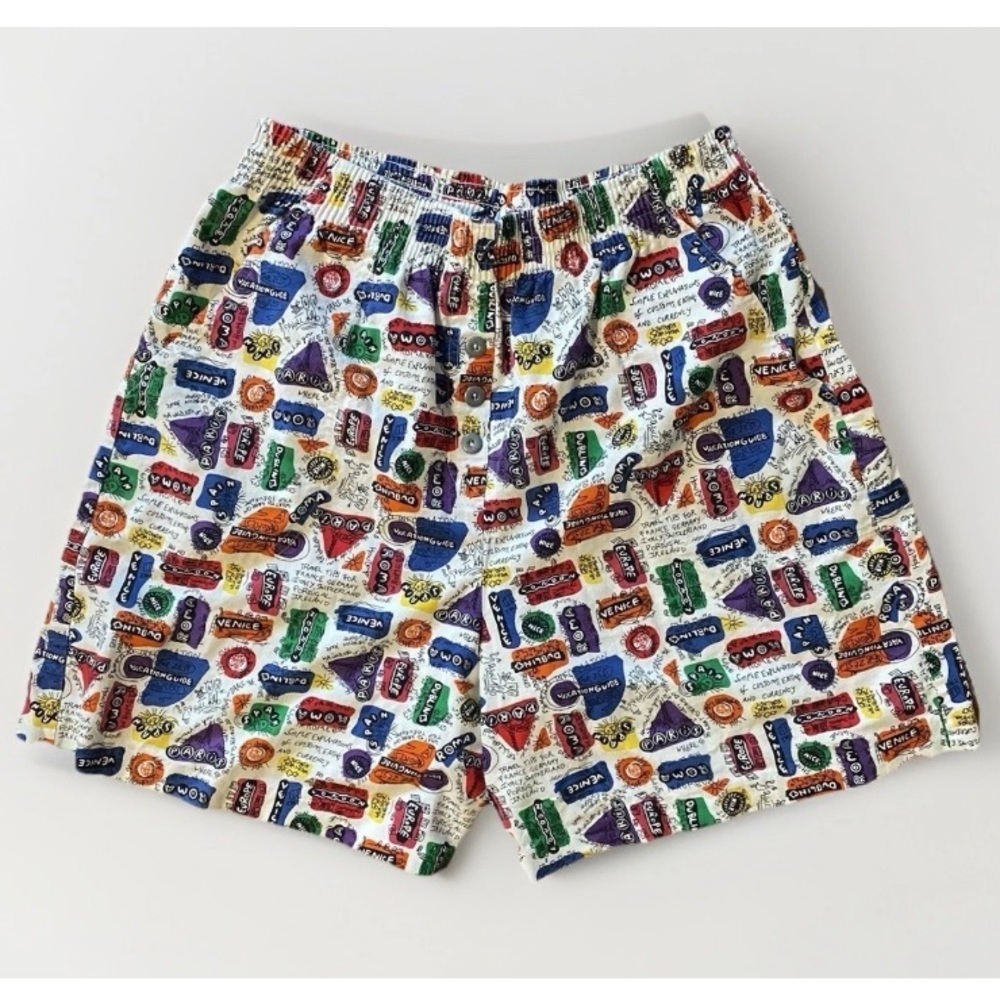 Vintage 1980s Shorts Tourist Travel Novelty Print Men's High Waisted Jantzen